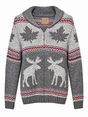 Canadiana Moose Maple Leaf Canada Full Zip Knit Cardigan Sweater M
